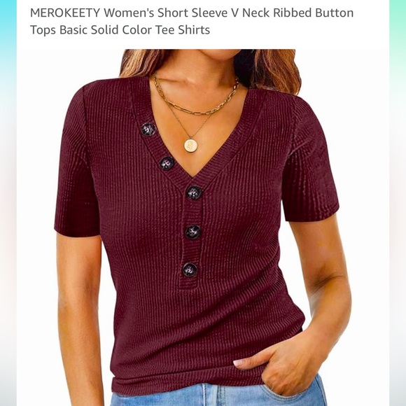 NWT MEROKEETY Women's Short Sleeve V Neck Ribbed Button Wine - Picture 1 of 6